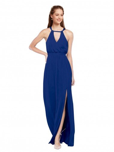 Azul real línea A Cuello Alto Gasa Largo Vestidos de dama de honor Descuento