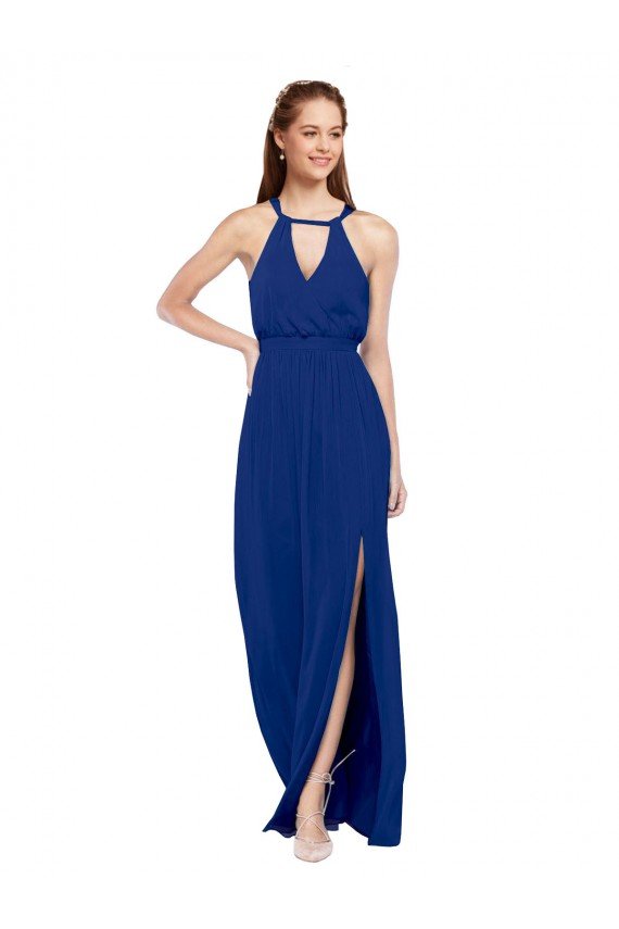 Azul real línea A Cuello Alto Gasa Largo Vestidos de dama de honor Descuento