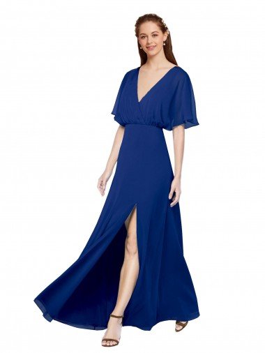Azul real línea A Cuello en V Gasa Largo Vestidos de dama de honor Descuento