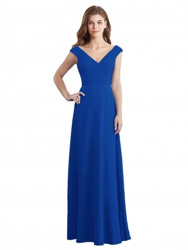Azul real línea A Cuello en V Gasa Largo Vestidos de dama de honor Descuento