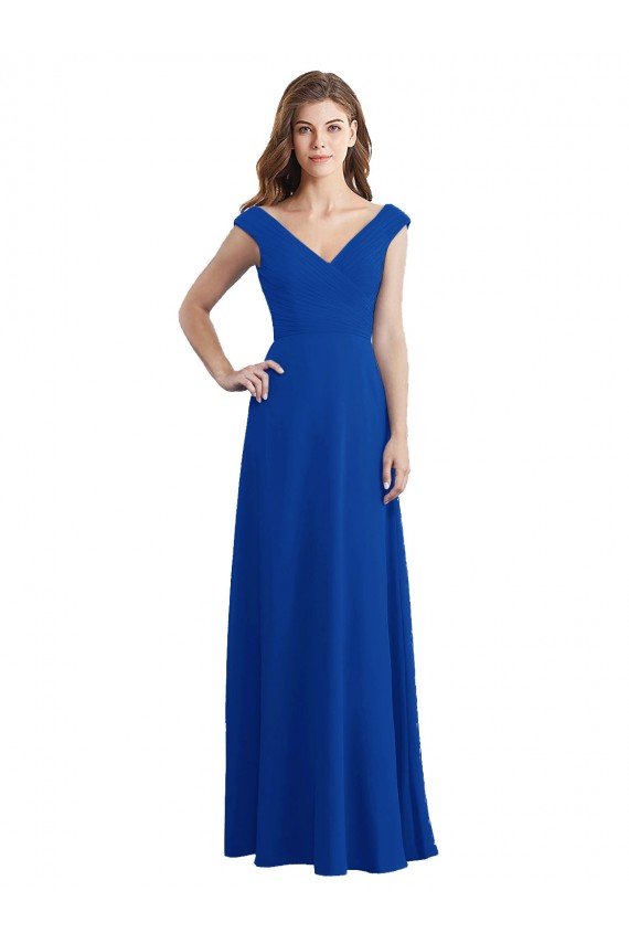 Azul real línea A Cuello en V Gasa Largo Vestidos de dama de honor Descuento