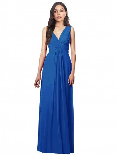 Azul real línea A Cuello en V Gasa Largo Vestidos de dama de honor Descuento