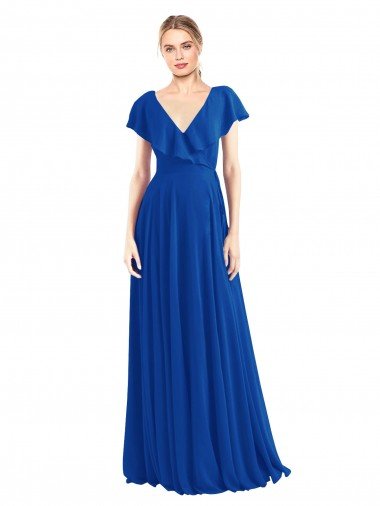 Azul real línea A Cuello en V Gasa Largo Vestidos de dama de honor Descuento