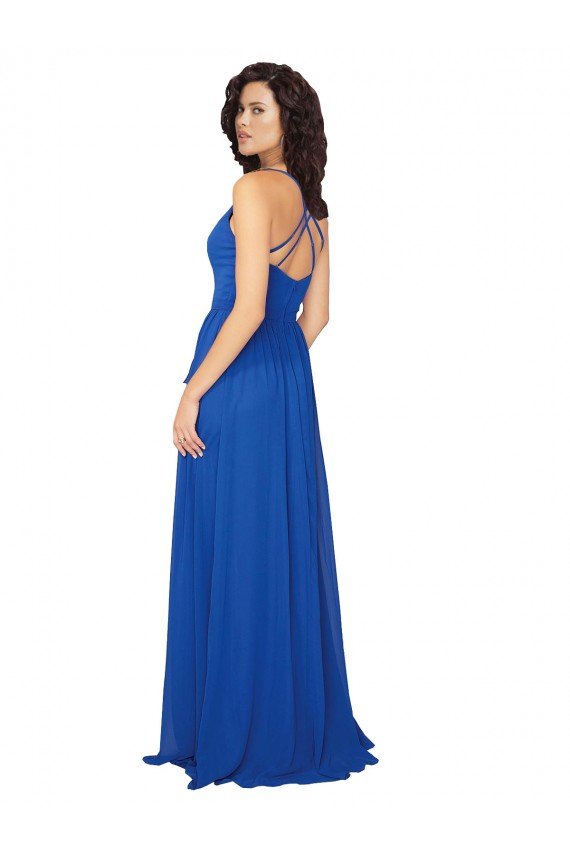 Azul real línea A Cuello en V Gasa Largo Vestidos de dama de honor Descuento