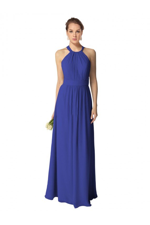 Azul real línea A Halter Gasa Largo Vestidos de dama de honor Descuento