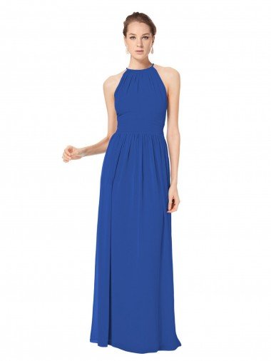 Azul real línea A Halter Gasa Largo Vestidos de dama de honor Descuento