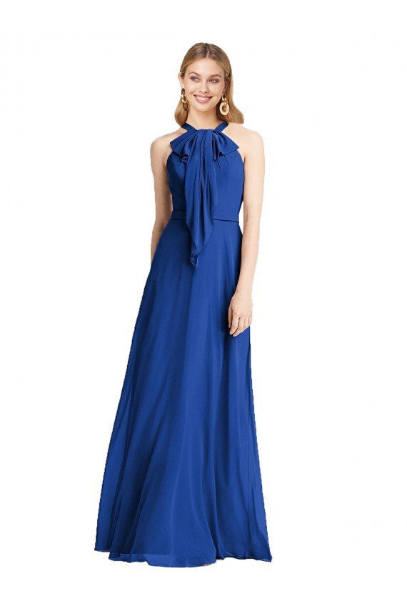 Azul real línea A Halter Gasa Largo Vestidos de dama de honor Descuento