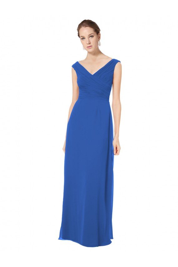 Azul real línea A Hombros Descubiertos Cuello en V Gasa Largo Vestidos de dama de honor Descuento