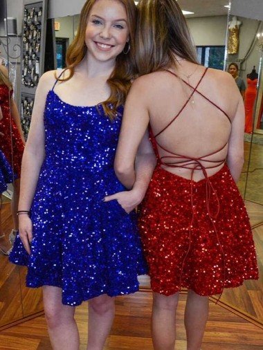 Azul real línea A Tirantes espagueti Corto Lentejuelas Terciopelo Corto Vestidos de fiesta Descuento