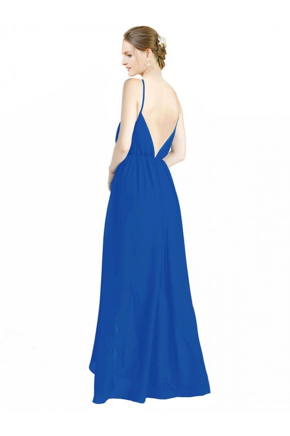 Azul real línea A Tirantes espagueti Cuello en V Gasa Largo Vestidos de dama de honor Descuento