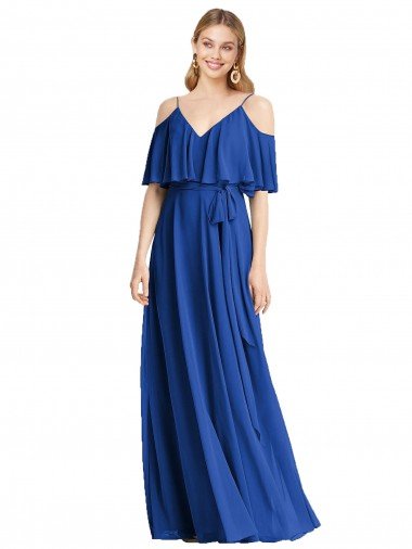 Azul real línea A Tirantes espagueti Cuello en V Gasa Largo Vestidos de dama de honor Descuento