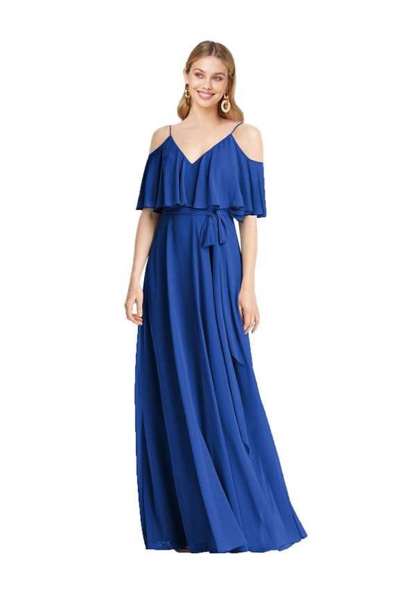 Azul real línea A Tirantes espagueti Cuello en V Gasa Largo Vestidos de dama de honor Descuento