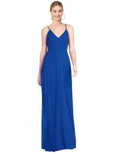 Azul real línea A Tirantes espagueti Cuello en V Gasa Largo Vestidos de dama de honor Descuento