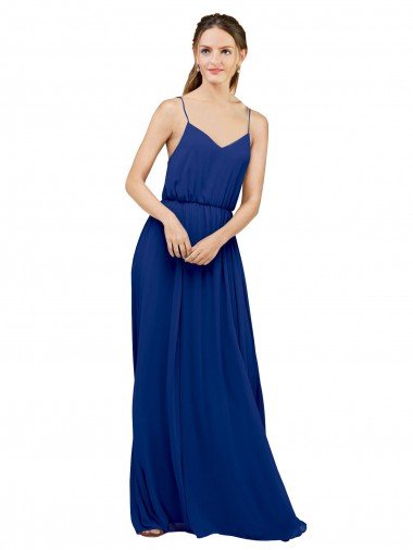 Azul real línea A Tirantes espagueti Gasa Largo Vestidos de dama de honor Descuento