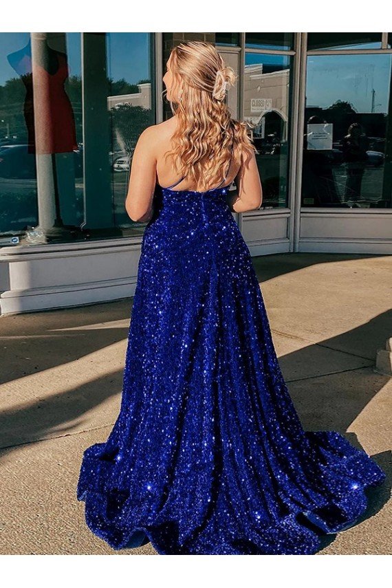 Azul real línea A Un Hombre Barrer tren Lentejuelas Terciopelo Largo Vestidos de fiesta Descuento