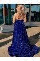 Azul real línea A Un Hombre Barrer tren Lentejuelas Terciopelo Largo Vestidos de fiesta Descuento