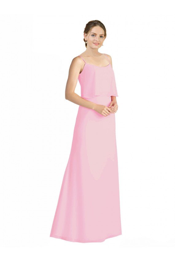 Barely rosa línea A Tirantes espagueti Gasa Largo Vestidos de dama de honor Descuento