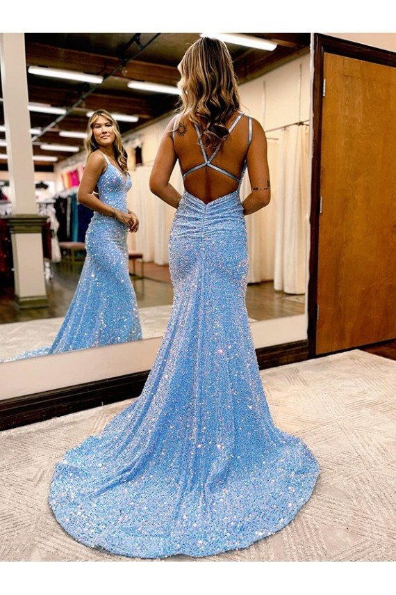 Bígaro Cubierta Cuello en V Barrer tren Lentejuelas Terciopelo Largo Vestidos de fiesta Descuento