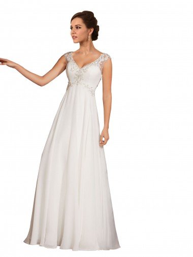 Blanco Cubierta Cuello en V Cola capilla Gasa Encaje Vestidos de novia Descuento