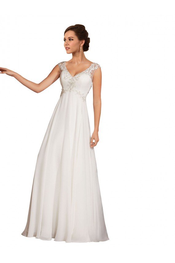 Blanco Cubierta Cuello en V Cola capilla Gasa Encaje Vestidos de novia Descuento