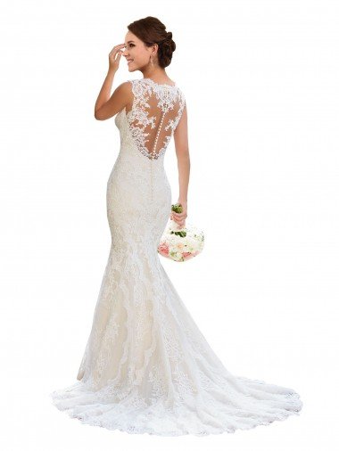 Blanco Sirena Cuello en V Cola capilla Encaje Vestidos de novia Descuento