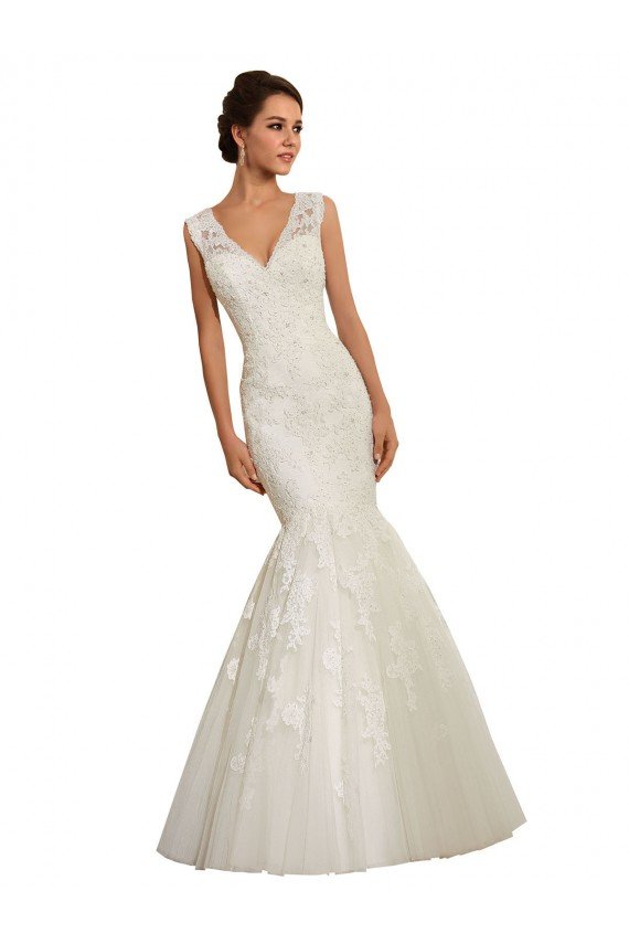 Blanco Sirena Cuello en V Cola capilla Tul Encaje Vestidos de novia Descuento