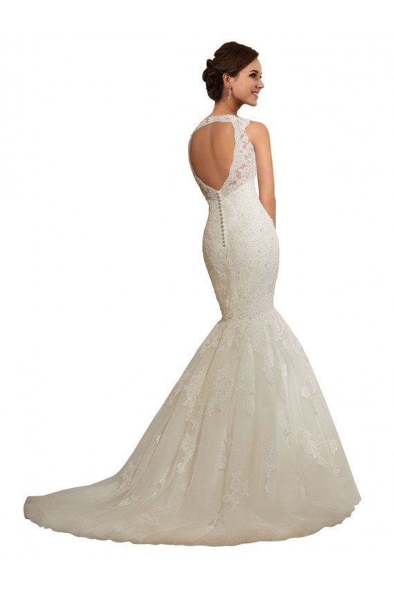 Blanco Sirena Cuello en V Cola capilla Tul Encaje Vestidos de novia Descuento