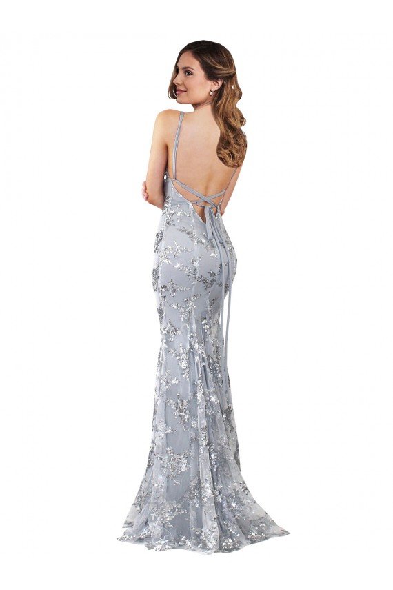 Plata Sirena Cuello en V Cuello Alto Crepé Elástico Lentejuela Tul Largo Formales Vestidos de dama de honor / Vestidos de fiesta Descuento