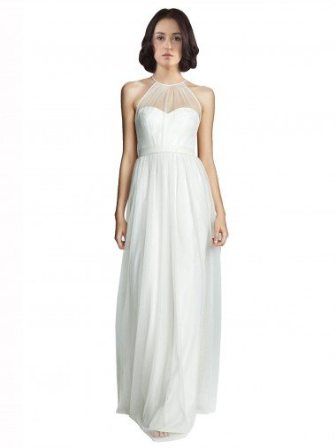 Blanco línea A Halter Cuello Alto Tul Largo Vestidos de dama de honor Descuento