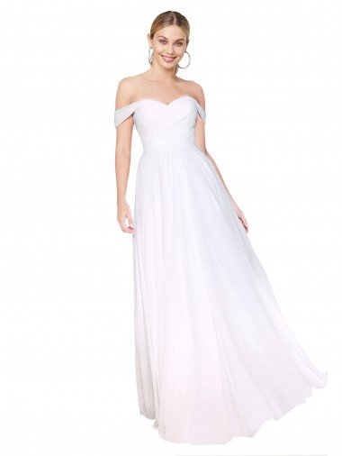 Blanco línea A Hombros Descubiertos Gasa Largo Formales Vestidos de dama de honor / Vestidos de fiesta Descuento