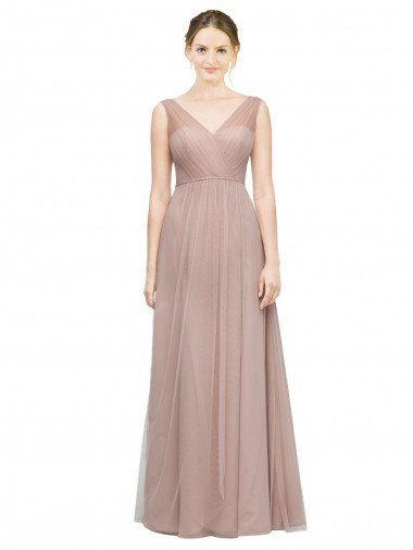 Blush línea A Cuello en V Tul Largo Vestidos de dama de honor Descuento