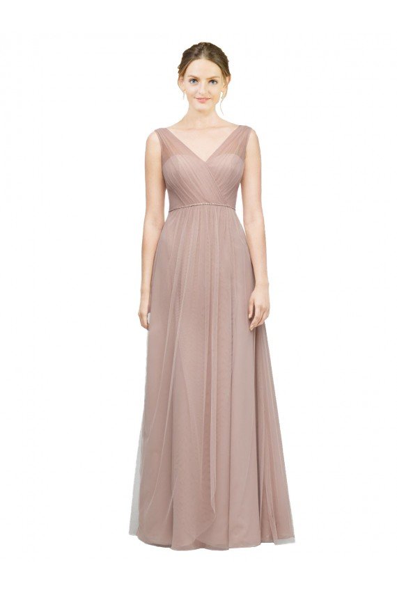 Blush línea A Cuello en V Tul Largo Vestidos de dama de honor Descuento