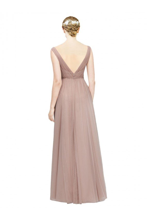 Blush línea A Cuello en V Tul Largo Vestidos de dama de honor Descuento