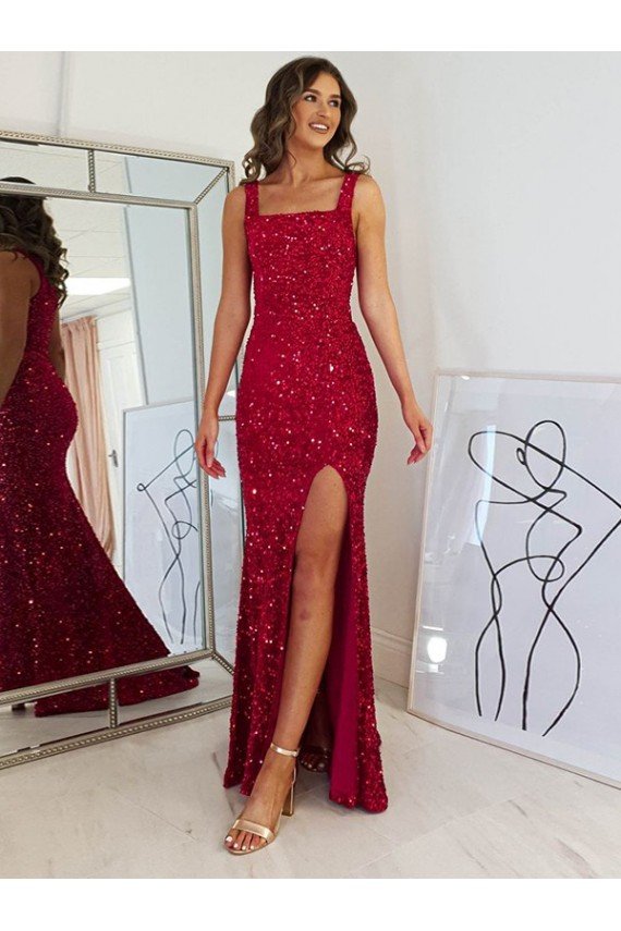 Borgoña Cubierta Cuadrado Lentejuelas Terciopelo Largo Vestidos de fiesta Descuento