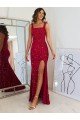 Borgoña Cubierta Cuadrado Lentejuelas Terciopelo Largo Vestidos de fiesta Descuento