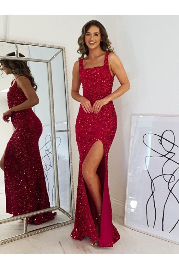 Borgoña Cubierta Cuadrado Lentejuelas Terciopelo Largo Vestidos de fiesta Descuento