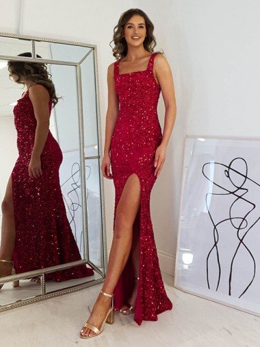 Borgoña Cubierta Cuadrado Lentejuelas Terciopelo Largo Vestidos de fiesta Descuento