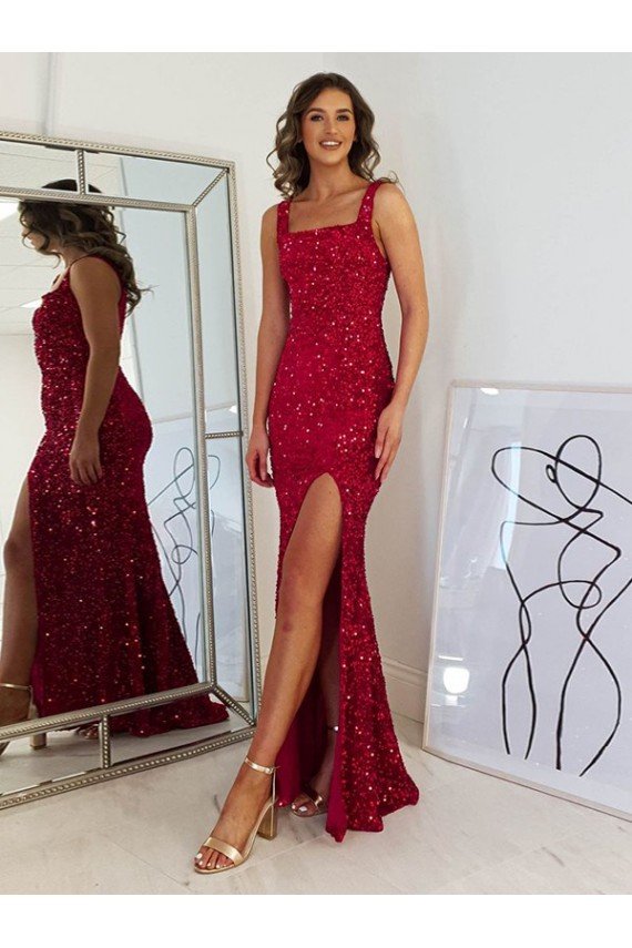 Borgoña Cubierta Cuadrado Lentejuelas Terciopelo Largo Vestidos de fiesta Descuento