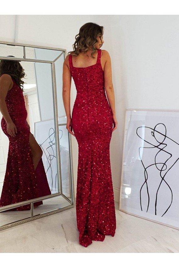 Borgoña Cubierta Cuadrado Lentejuelas Terciopelo Largo Vestidos de fiesta Descuento