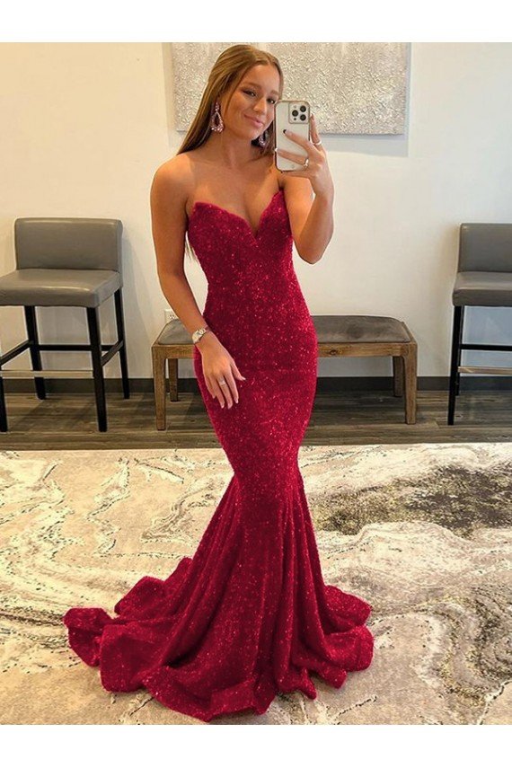 Borgoña Cubierta Cuello de Corazón Barrer tren Lentejuelas Terciopelo Largo Vestidos de fiesta Descuento