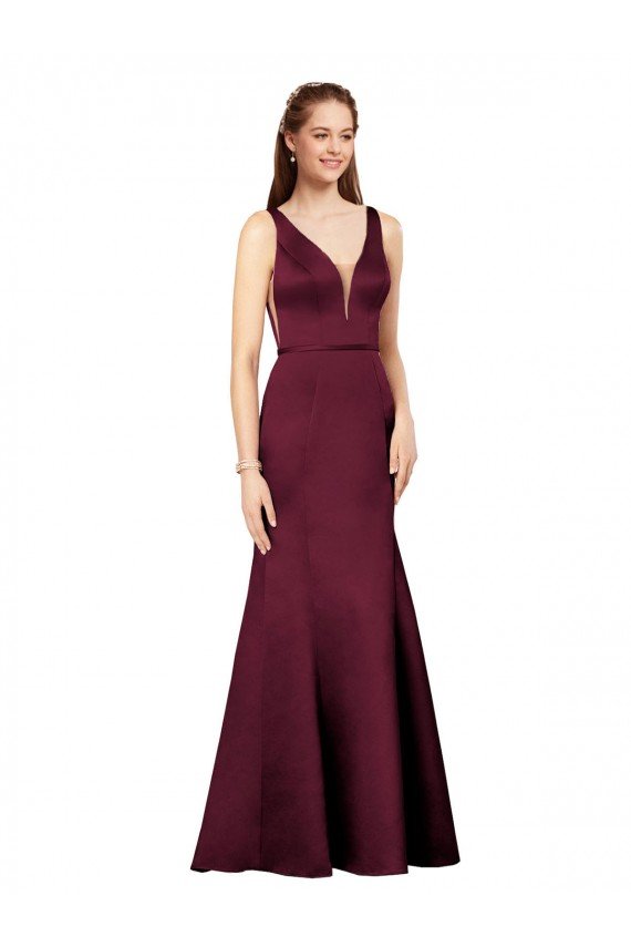 Borgoña Cubierta Cuello en V Satén Largo Formales Vestidos de dama de honor / Vestidos de fiesta Descuento