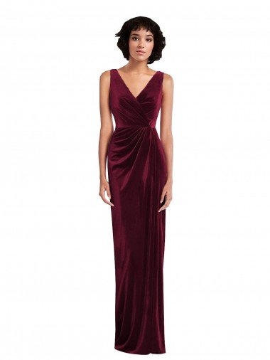 Borgoña Cubierta Cuello en V Terciopelo Elástico Largo Vestidos de dama de honor / Vestidos de fiesta Descuento