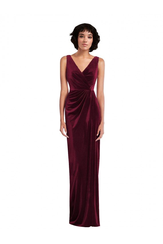 Borgoña Cubierta Cuello en V Terciopelo Elástico Largo Vestidos de dama de honor / Vestidos de fiesta Descuento