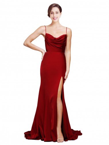 Borgoña Cubierta Tirantes espagueti Barrer tren Satén elástico Largo Formales Vestidos de dama de honor / Vestidos de fiesta Descuento