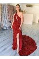 Borgoña Cubierta Un Hombre Cola corte Lentejuelas Terciopelo Largo Vestidos de fiesta Descuento