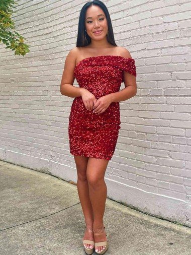 Borgoña Cubierta Un Hombre Corto Lentejuelas Terciopelo Corto Vestidos de fiesta Descuento