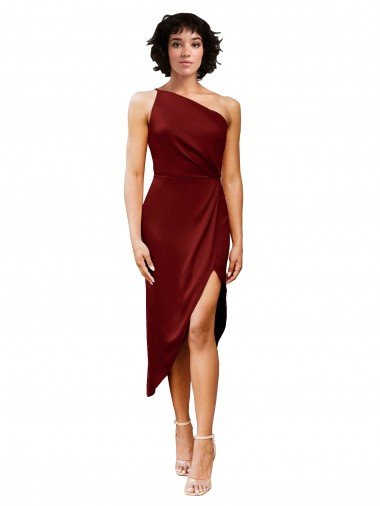 Borgoña Cubierta Un Hombre Midi Satén elástico Corto Formales Vestidos de dama de honor / Vestidos de fiesta / Vestidos de cóctel Descuento