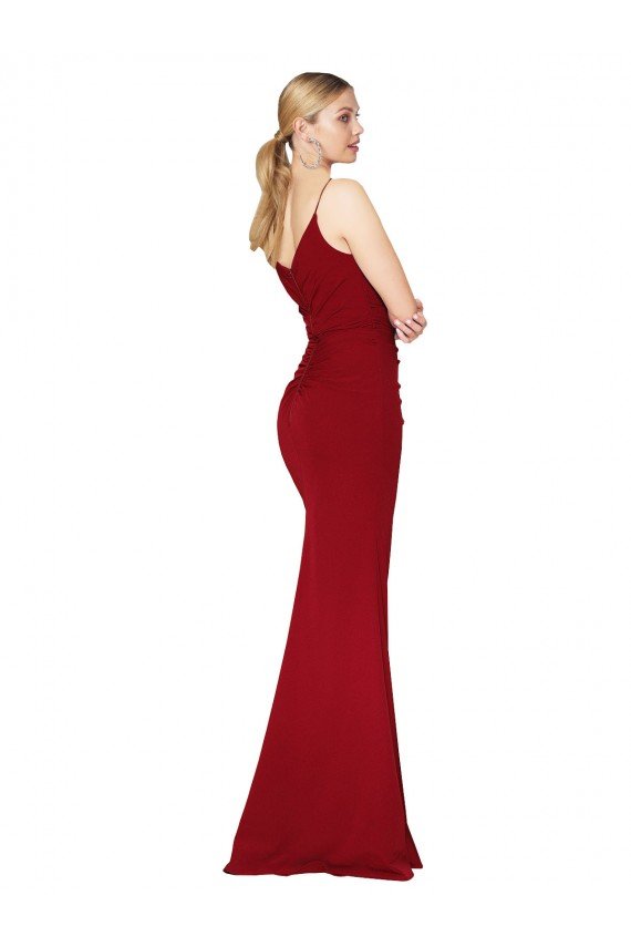 Borgoña Sirena Cuello Alto Tirantes espagueti Crepé Elástico Largo Formales Vestidos de dama de honor / Vestidos de fiesta Descuento