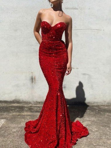 Borgoña Sirena Cuello de Corazón Cola corte Lentejuelas Terciopelo Largo Vestidos de fiesta Descuento