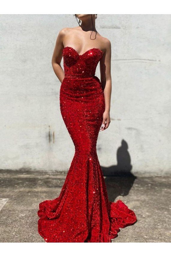 Borgoña Sirena Cuello de Corazón Cola corte Lentejuelas Terciopelo Largo Vestidos de fiesta Descuento
